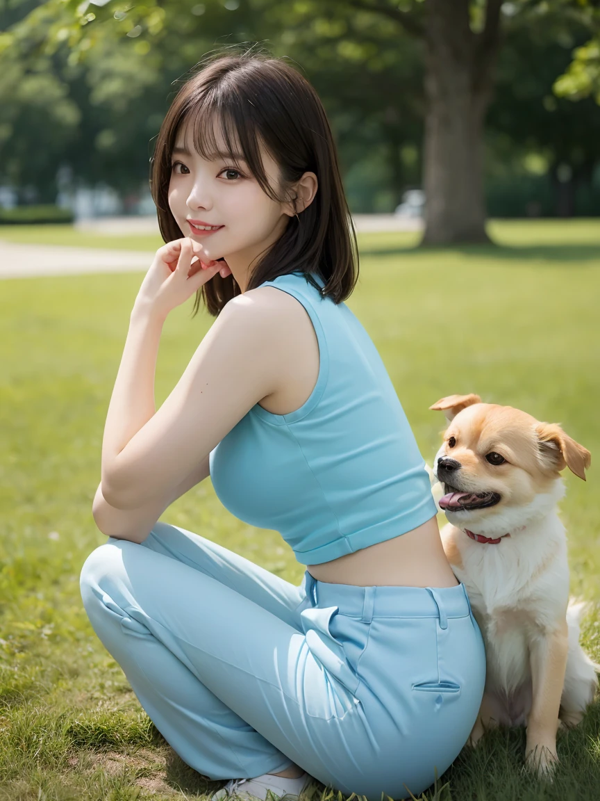 Tabletop, Highest quality, Realistic, In detail, High resolution, 8k wallpaper, Perfect dynamic composition, Beautiful attention to detail, (Biologically Correct Limbs, refer, nail), short hair, Shiny Hair, Big ample breasts ,Touching her chest, Random Pause、(retro color, Cute Sleeveless T-Shirts, Cute Chino Pants)、Cute Pumps, (Breast bulge:1.3)、Laughter、(Park scenery、Grass), sunny, Sitting, girl, 23 years old, only, (Droopy eyes)、Adult Beauty、Japanese women、(dogと散歩, dog, Pomeranian, 小型dog), dogを見て, Side view,