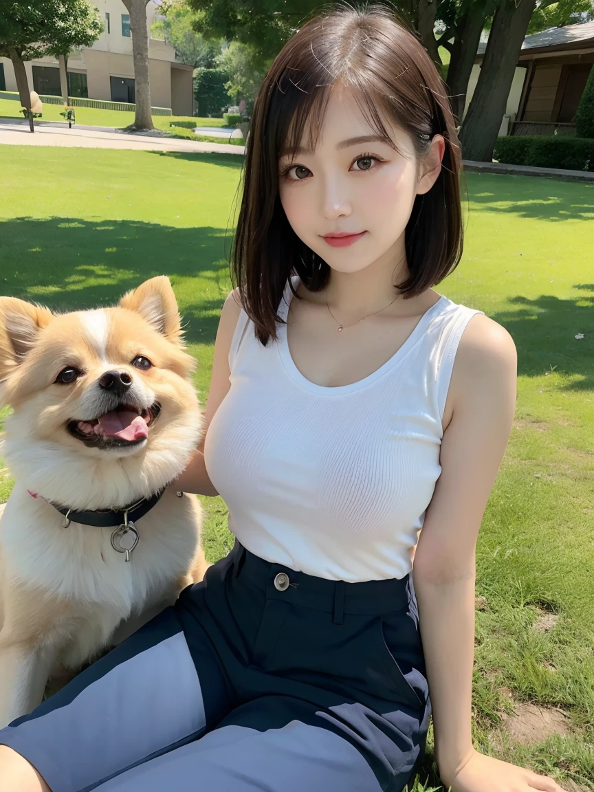 Tabletop, Highest quality, Realistic, In detail, High resolution, 8k wallpaper, Perfect dynamic composition, Beautiful attention to detail, (Biologically Correct Limbs, refer, nail), short hair, Shiny Hair, Big ample breasts ,Touching her chest, Random Pause、(retro color, Cute Sleeveless T-Shirts, Cute Chino Pants)、Cute Pumps, (Breast bulge:1.3)、Laughter、（Park scenery、Grass), sunny, Sitting, girl, 23 years old, only, (Droopy eyes)、Adult Beauty、Japanese women、(dogと散歩, dog, Pomeranian, 小型dog), dogを見て, Side view,