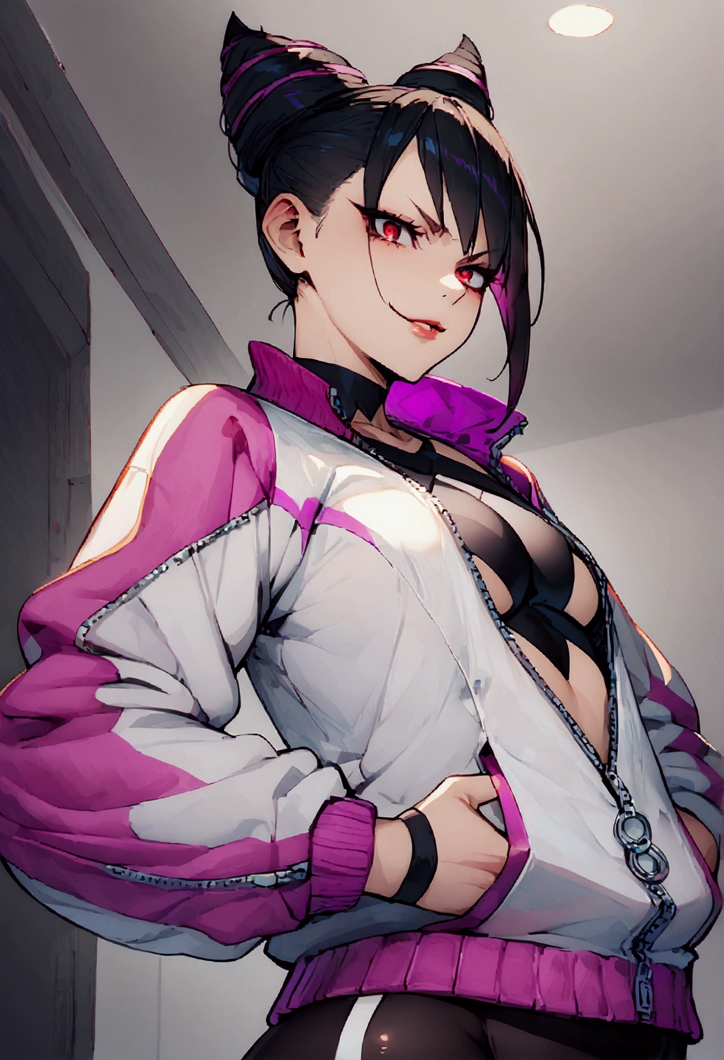 Anime, trap character, Young boy, 18 years old, Long hair, Short clothing, , Male Torso, woman face white top, Black jacket, Tattoo on the navel, Black hair, androgen,  expression, Pink eyes, in the Alley,  expression, Short shorts, 4k good anatomy, masutepiece, Detailed face, Best Quality