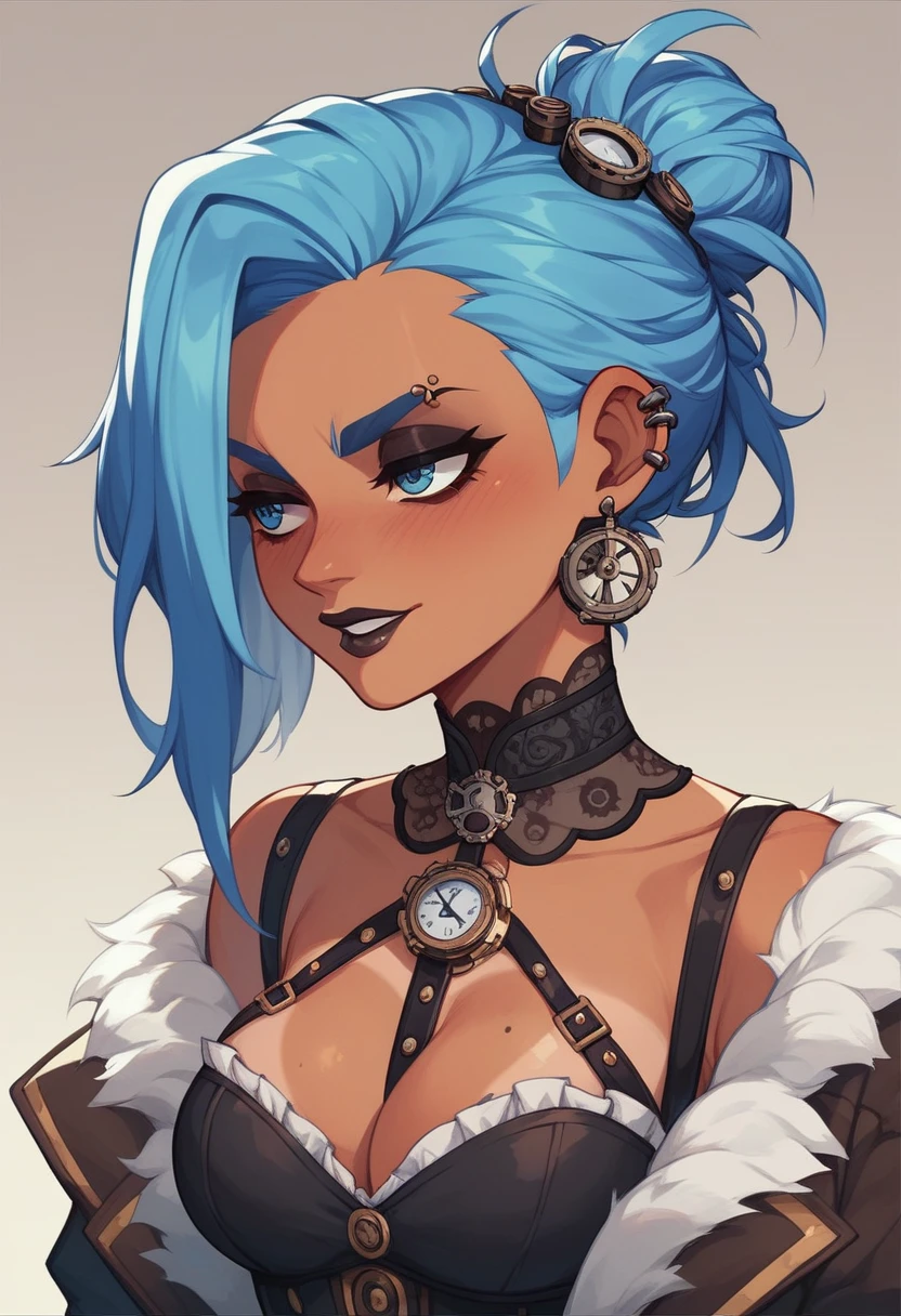 A character from the serie arcane. Light blue hair. Tan skin. Goth/steampunk style.