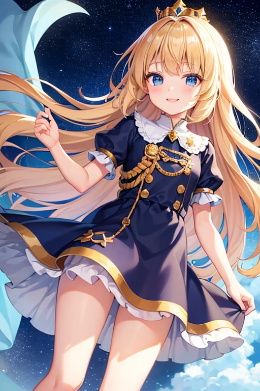 (tall quality) child seen from below, princess dress, loli, wearing shorts underneath, starry sky, long hair in the wind, smiling face, hair blonde, Holding a crown in his hands