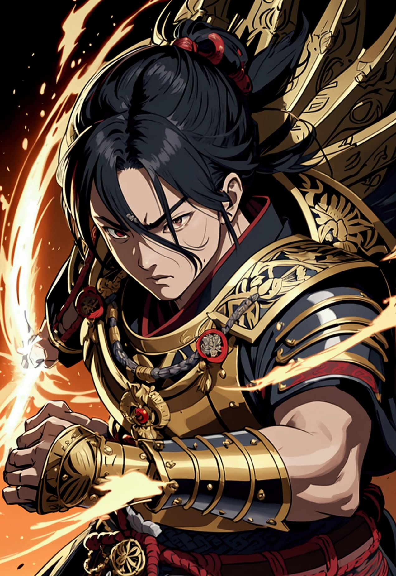 A fiercely triumphant samurai shogun, exuding strength and honor with every fiber of his being. Clad in meticulously crafted armor adorned with symbols of victory, his sword gleaming with polished perfection. This stunning portrait captures the essence of a legendary warrior in a meticulously detailed Renaissance-style painting. Each element, from the intricate armor to the determined expression, is rendered with breathtaking realism and intensity, immersing viewers in the spirit of ancient warrior prowess.