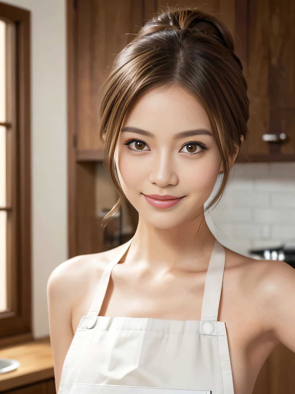 (Japanese Beauty, Charming young wife), masterpiece, best quality, ultra-detailed, intricately detailed hyperdetailed, realistic, sharp features, highly detailed, sharp focus, Realistic, Photorealistic:1.3, (22 years old:1.3), perfect face, perfect symmetrically eyes, perfect full lips, hyper detailed, hyper realistic, high resolution, Slender, brown hair, Stylish, Beautiful Face, light brown hair, messy hair, ponytail, chignon, (Wearing only an apron:1.2), (naked apron), Stylish, Realistic, Photorealistic:1.3, Beautiful Face, light brown hair, ponytail, chignon, (Seductive smile), kitchen, random pose,