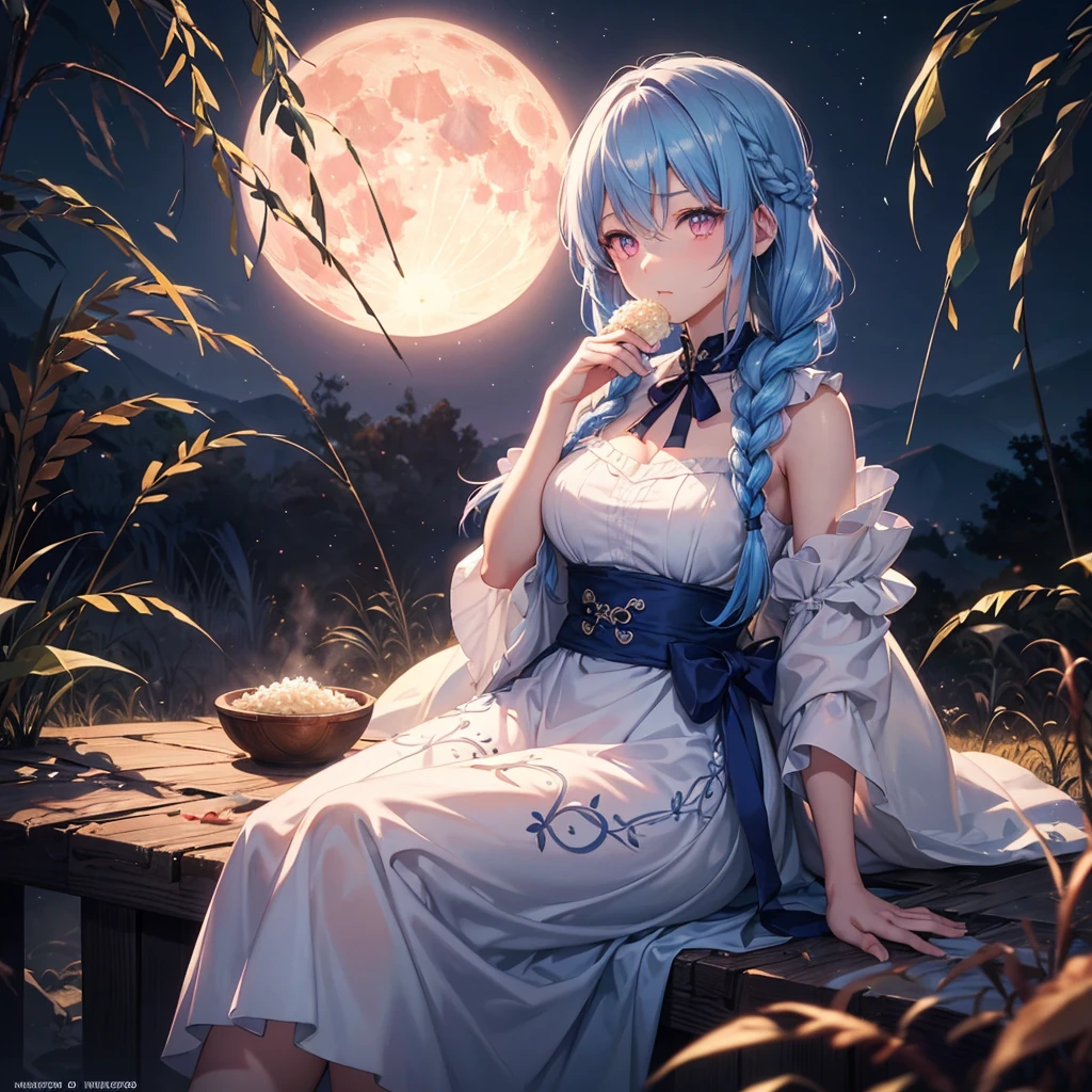 Sky blue hair, (Braided medium hair), (Pink eyes),Fair skin) ,(whole body),(One Girl),(harvest moon),(A large amount of Miscanthus sinensis in the background),(full moon),(masterpiece, Highest quality, Very detailed, Best Shadow), (Detailed Background), (Beautifully detailed face), High Contrast, (Best lighting, Very delicate and beautiful), ((Cinematic Light)), Hyper Detail,8k, Dramatic Light, Intricate details,(sitting down to eat rice dumplings)