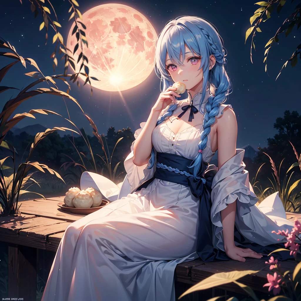 Sky blue hair, (Braided medium hair), (Pink eyes),Fair skin)  ,(whole body),(One Girl),(harvest moon),(A large amount of Miscanthus sinensis in the background),(full moon),(masterpiece, Highest quality, Very detailed, Best Shadow), (Detailed Background), (Beautifully detailed face), High Contrast, (Best lighting, Very delicate and beautiful), ((Cinematic Light)), Hyper Detail,8k, Dramatic Light, Intricate details,(sitting down to eat rice dumplings)