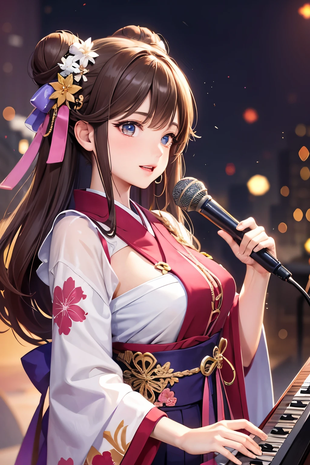 Top quality, ample limbs, perfect fingers, slender beauty, twin-tailed bun hairstyle, brown hair, Deresute, A costume of Floral haori and minihakama with a flashy pattern,Band instrumentskeyboard, beautiful large breasts, live stage, Playing Band InstrumentsKeyboard