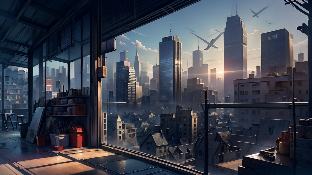 The gentle spring sunlight shines through the sky。A pale, dazzling and fantastical cityscape。(There are no people)