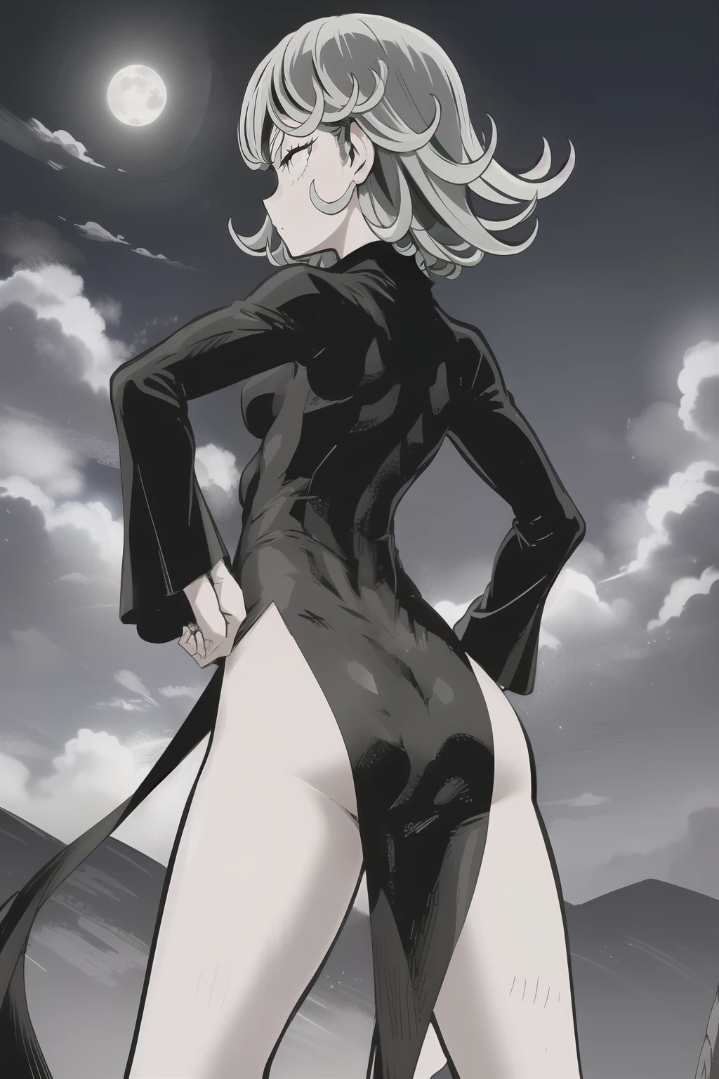 High resolution, Super detailed, Tatsumaki Tornado, Short green hair, Curly Hair, Black Dress, Long sleeve, Outdoor,moonlight,night、 From below、Sticking out your butt、Look back sideways、Put one hand on your hip、sexy、((Focus on the butt))