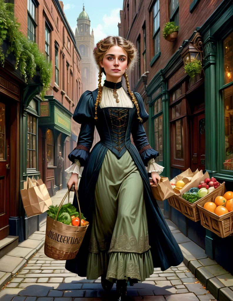 cinematic portrait of Maude Adams donning a Victorian dress walks at sub urban Victorian Manchester city sidewalk with handful of groceries, wears casual modest Victorian outfit, Medieval Building, Medieval Alley, sensuous smirk, intricate, frugal, highly detailed, intricate, digital painting, artstation, concept art, smooth, sharp focus, hyper photorealistic illustration, art by Don Lawrence and Frank Bellamy and alphonse mucha, 32k,