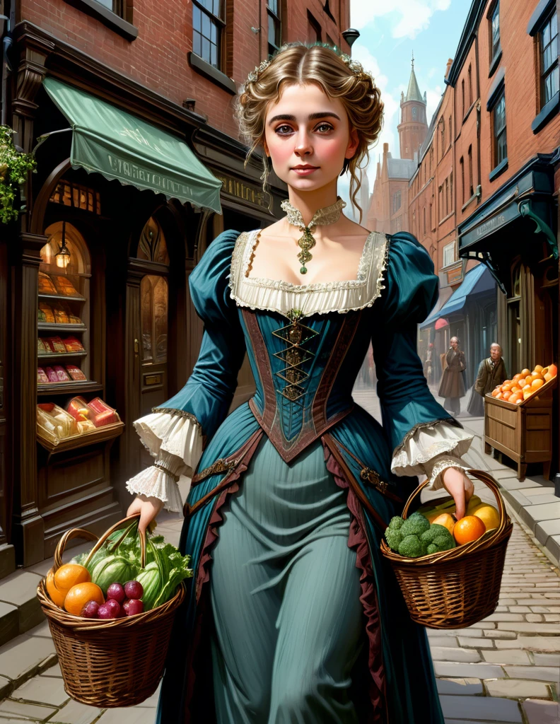 cinematic portrait of Maude Adams donning a Victorian dress walks at sub urban Victorian Manchester city sidewalk with handful of groceries, wears casual modest Victorian outfit, Medieval Building, Medieval Alley, sensuous smirk, intricate, frugal, highly detailed, intricate, digital painting, artstation, concept art, smooth, sharp focus, hyper photorealistic illustration, art by Don Lawrence and Frank Bellamy and alphonse mucha, 32k,