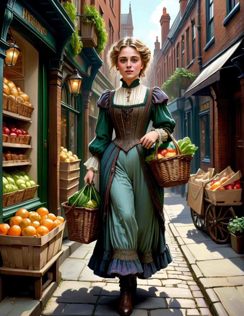 cinematic portrait of Maude Adams donning a Victorian dress walks at sub urban Victorian Manchester city sidewalk with handful of groceries, wears casual modest Victorian outfit, Medieval Building, Medieval Alley, sensuous smirk, intricate, frugal, highly detailed, intricate, digital painting, artstation, concept art, smooth, sharp focus, hyper photorealistic illustration, art by Don Lawrence and Frank Bellamy and alphonse mucha, 32k,