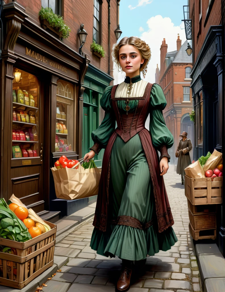 cinematic portrait of Maude Adams donning a Victorian dress walks at sub urban Victorian Manchester city sidewalk with handful of groceries, wears casual modest Victorian outfit, Medieval Building, Medieval Alley, sensuous smirk, intricate, frugal, highly detailed, intricate, digital painting, artstation, concept art, smooth, sharp focus, hyper photorealistic illustration, art by Don Lawrence and Frank Bellamy and alphonse mucha, 32k,