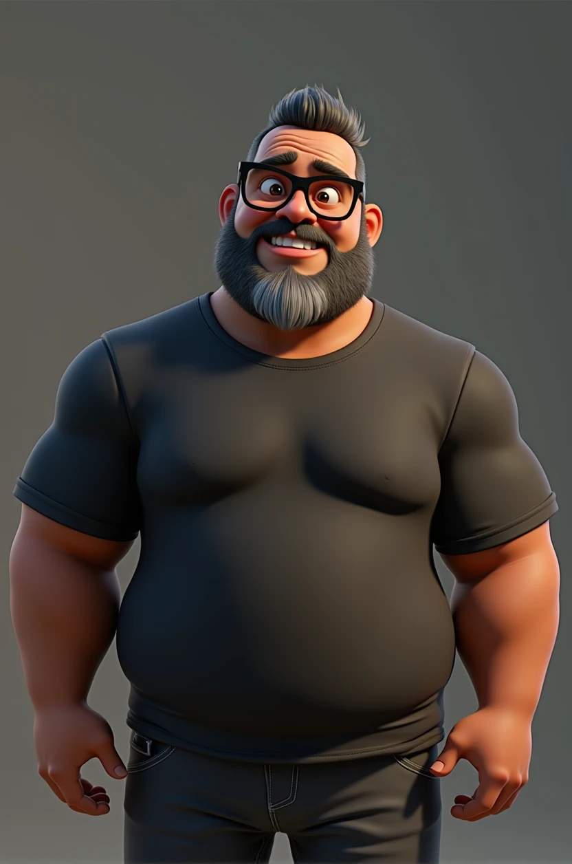 Cartoon character of a middle-aged black man with short hair pinned behind, wearing black glasses. Stylized character, animation style rendering, 3D stylized, Arnold Maya render, 3D stylized render, toon render Keyshot, 3D character, 3D stylized rendering, cartoon character, character close-up, character pose, Pixar style, high quality, cinematic lighting, sharp focus, detailed texture, detailed skin, clay, bokeh, 8K. The man should have the following characteristics: Middle-aged man with a strong, slightly overweight build, hands casually relaxed. His skin tone is dark brown with a warm undertone. He has two prominent vertical wrinkles between his eyebrows. His beard has white hairs on the chin while the rest of the beard is black and gray. His hair is shaved on the sides and short on top, styled to the side. He wears modern black glasses. His eyebrows are thick and well-defined, and his eyes are brown, conveying warmth and friendliness. The man is dressed in an oversized black t-shirt and dark gray pants without a belt. Incorporate the following ancestry characteristics: 43% European (17% Iberian and 17% Western European, including Germany, France, and the Netherlands), 4% Sephardic Jewish, 3% Fennoscandian, less than 2% Balkan and Lapland and Volga-Ural, 41% from the Americas, 9% from the Middle East and Maghreb, and 7% from Africa.