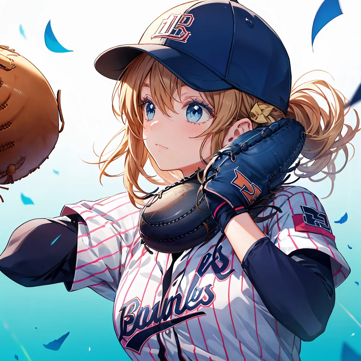 baseball pitcher throwing a ball with her hand over her head on a colored background, baseball mitt, baseball uniform, 1girl, female focus, solo, baseball, sportswear, faceless, baseball cap, hat, faceless male