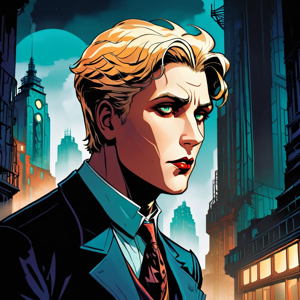 graphic novel illustration. side portrait, 1boy, blonde, stare, sense of suspense and mystery. vibrant and moody, retro-futuristic bioshock art-deco, noir-hued colors, hazy, epic mist 