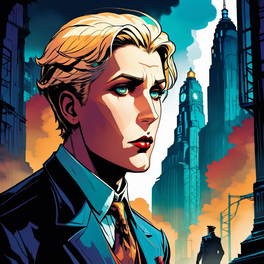 graphic novel illustration. side portrait, 1boy, blonde, stare, sense of suspense and mystery. vibrant and moody, retro-futuristic bioshock art-deco, noir-hued colors, hazy, epic mist 