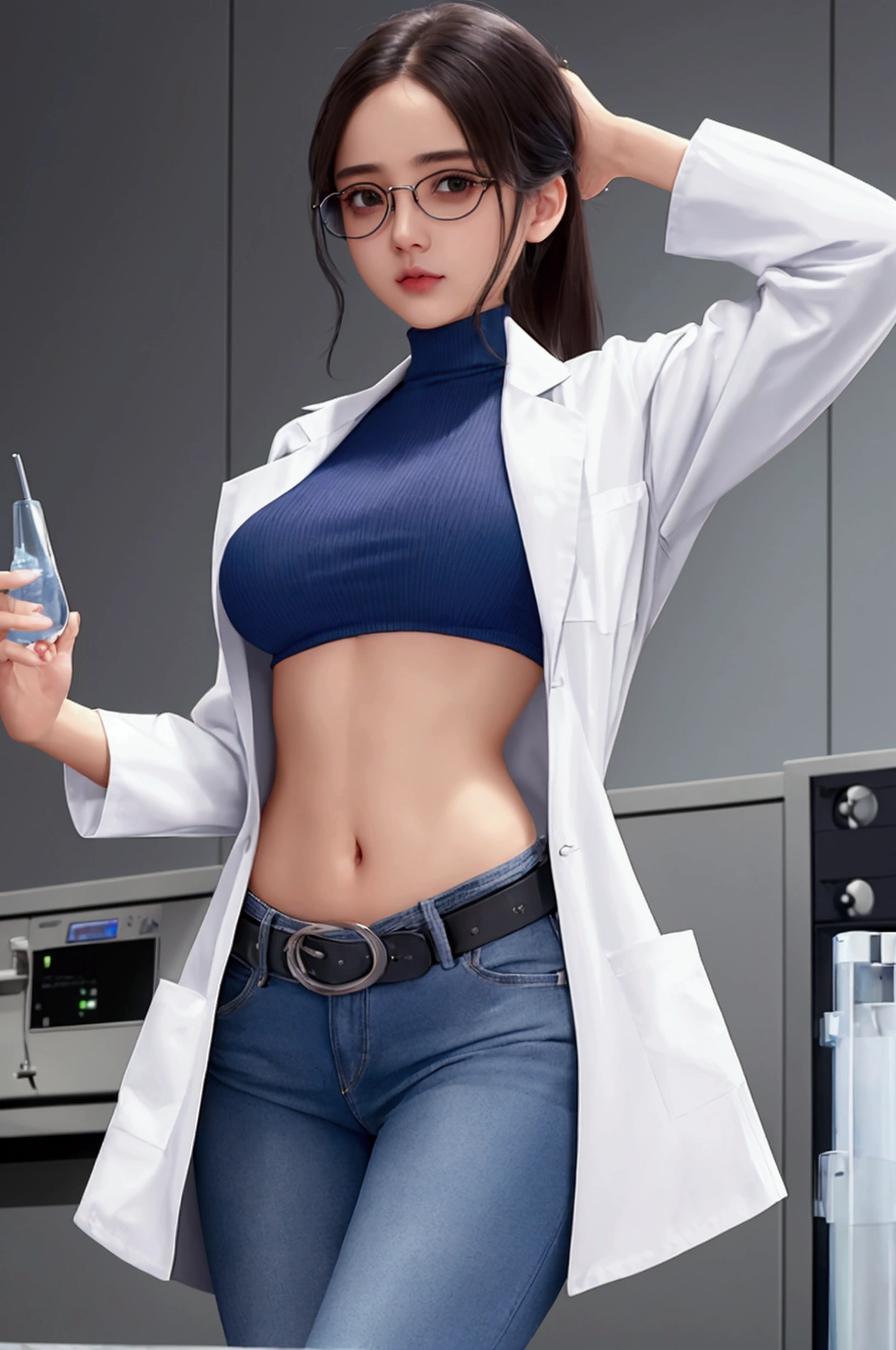 Girl in Laboratory, Turtle-neck, lab coat, showing navel, belt, Exposing the abdomen below the navel, well-dressed, glasses, blue jean, laboratory