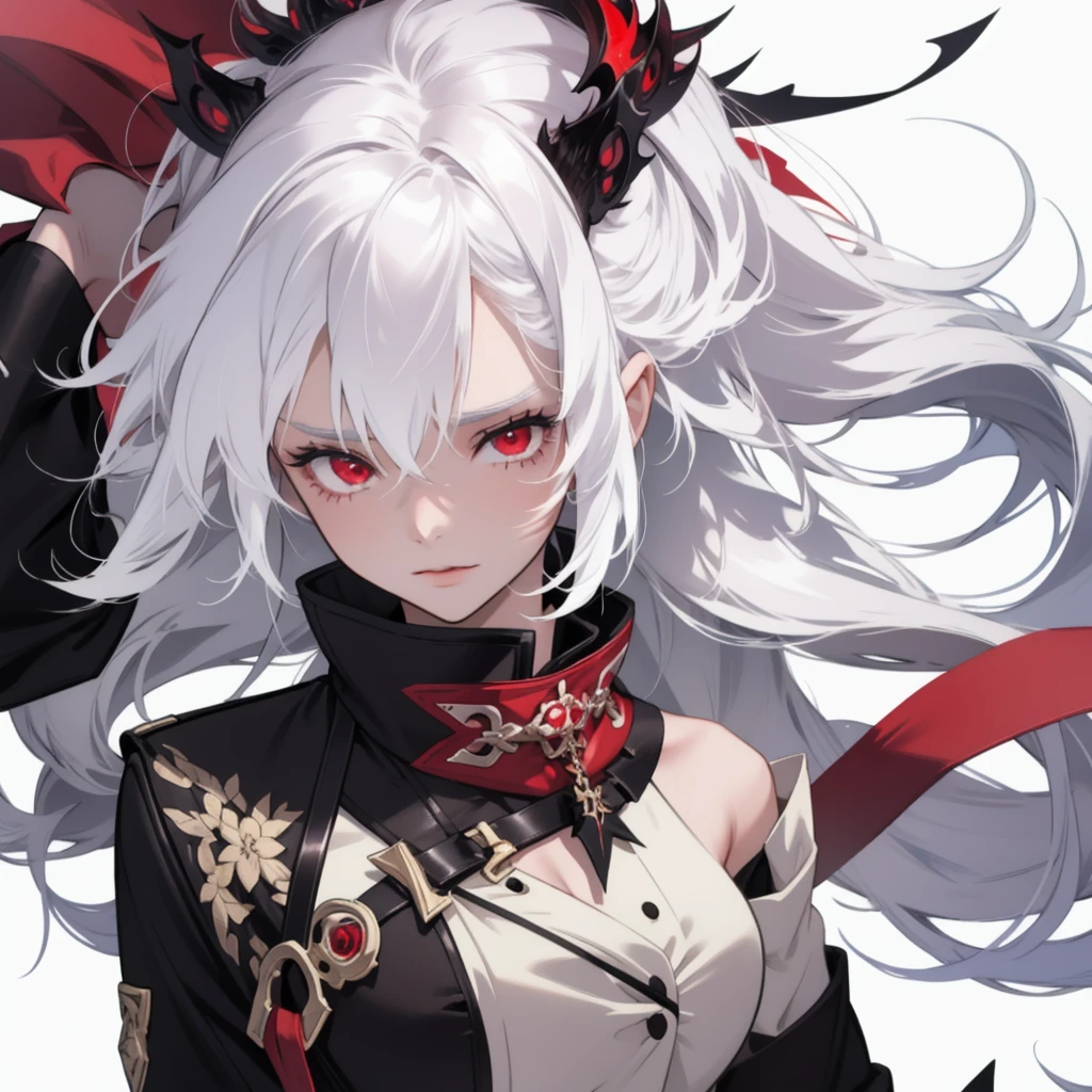 1 adult mature woman solo, white hair with black stripe, black and white formal suit, black pants, black gloves, red eyes, red background, cinematic light, dramatic shot