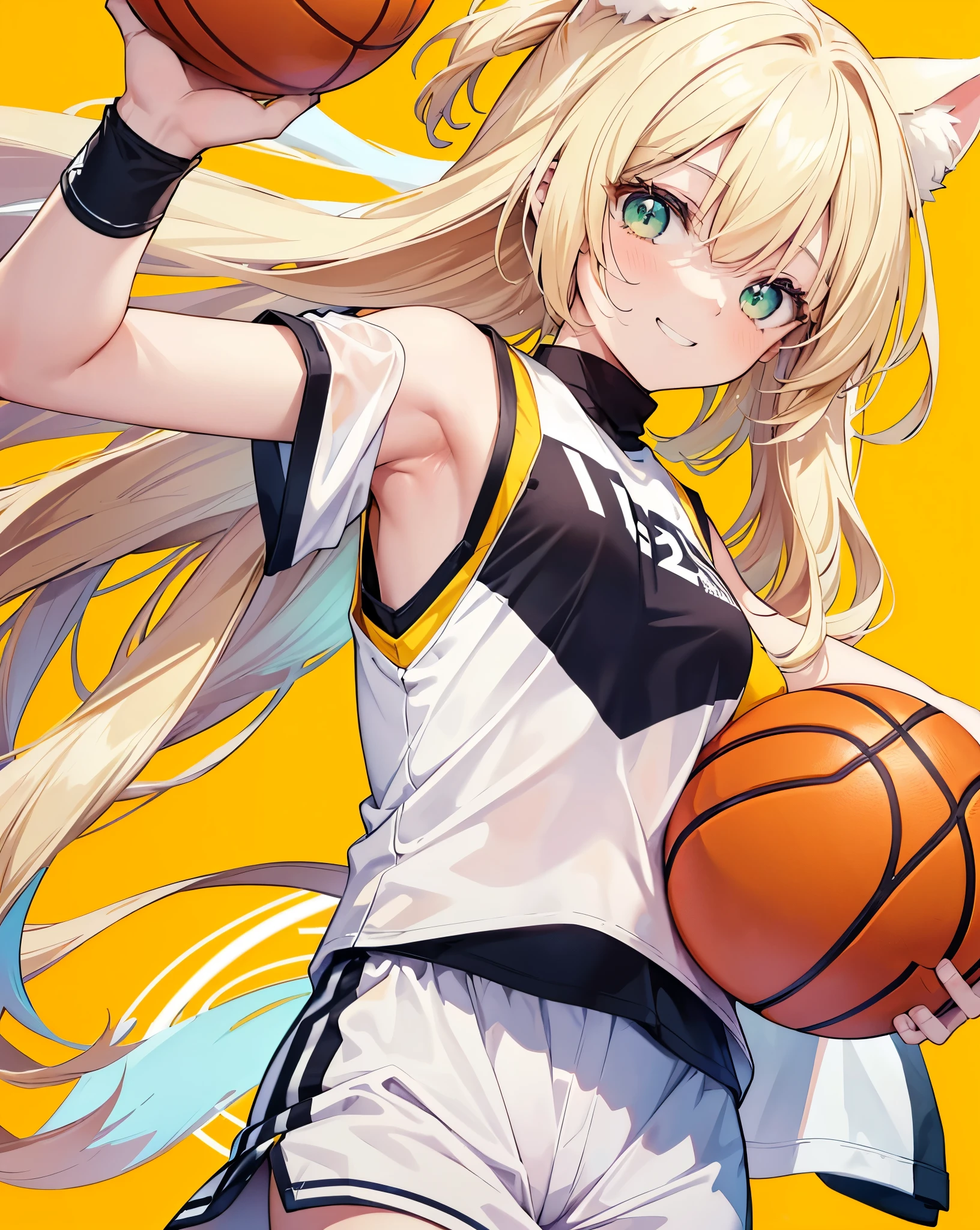 1nekogirl, White cat ears,blonde fox tail, basketball clothes, oversize orange basketball t-shirt, white basketball shorts, bare shoulder. Long blonde hair, cool anime Green eyes. she is doing a slam dunk. She is Mid-air, shot from the above. She is smiling, cute grin. Ball. She is in a basketball field. She hold the Basketball. He has a captain's armband on his arm. She is the player number 10. Yellow background.