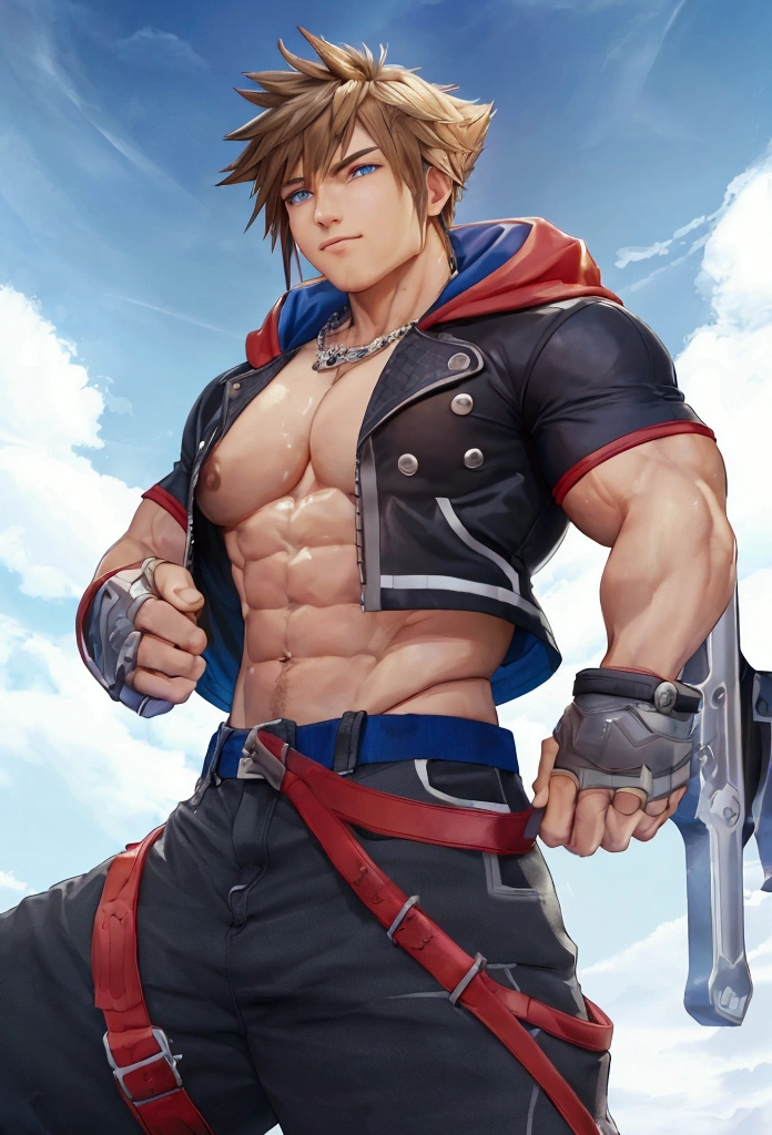 (masterpiece, Highest quality:1.2), Cowboy Shot, alone, Men's Center, One boy, sky \(Kingdom hearts\),Muscular body, Hall々A muscular body, Hall々A clean-cut appearance, Muscular arms, Muscular legs, only a main part, Trapezoidal fuselage, Rugged body, Muscular body, Round and fleshy pectoral muscles, Defined Abs, Defined Weapons, defined legs, Flex your muscles and laugh, View your viewers, Arms crossed, Hooded jacket, Shorts