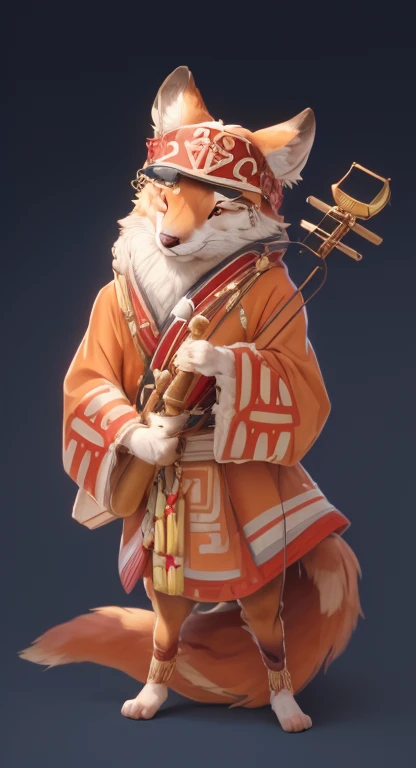 好的quality,Super detailed,actual,(portrait,photo-actual:1.37),(hairy:1.1),(human nature:1.1) High resolution, 8k, masterpiece,, Super detailed, mammal,whole body,National style totem,ethnic jewelry,quality, Hokkaido赤狐, elder, 一隻雄性hairy的狐狸 (Red fur), all covered in fur, , 穿著Hokkaido阿伊奴族的傳統服飾,Off-white coat,Dark blue headscarf,Hands holding traditional musical instruments,Squint and smile, masterpiece, 最好的quality, Digital art, (actual:0.3), cartoon, Detailed route, High resolution, visually stunning (detailed lighting, Depth of Field:0.9), detailed color, Bright colors create perfect hands, Detailed hands (Fair, Cute, Fluffy:1.2), detailed body, HokkaidoNatural background,horizon landscape, National costume, national totem,清澈的Sky空, movie lighting, Sky, sunny Sky,,grassland, horizon background(Natural background:1.1,Hokkaido:0.9), (Soft natural light:1.1), (Detailed facial features:1.1,expressive eyes:1.2), (calm and serene expression:1.1), (Flowing and layered clothing:1.1), (Gorgeous and intricate accessories:1.1), Fine hairs, Delicate face,