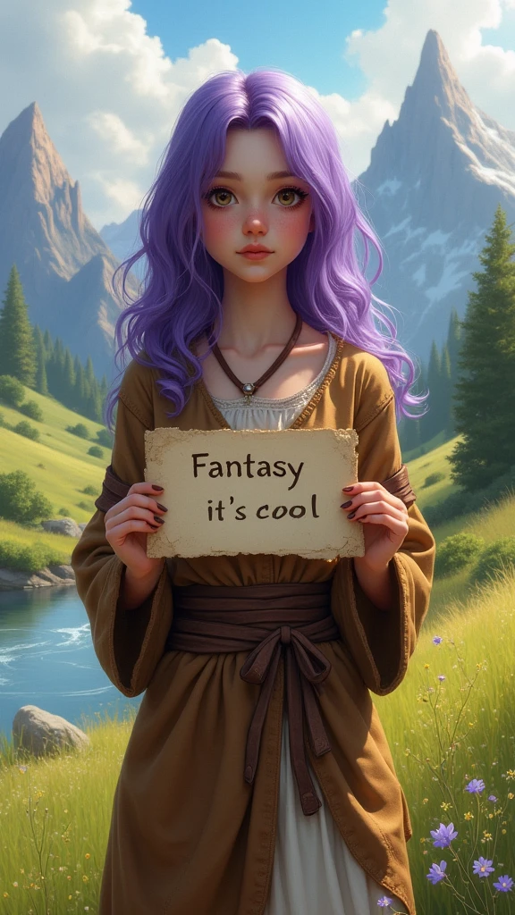 A beautiful girl with purple hair in a torn brown tunic holds a sign in her hands with the inscription "Fantasy it's cool",  Fantasy landscape with meadows, hills, mountains, forest and river