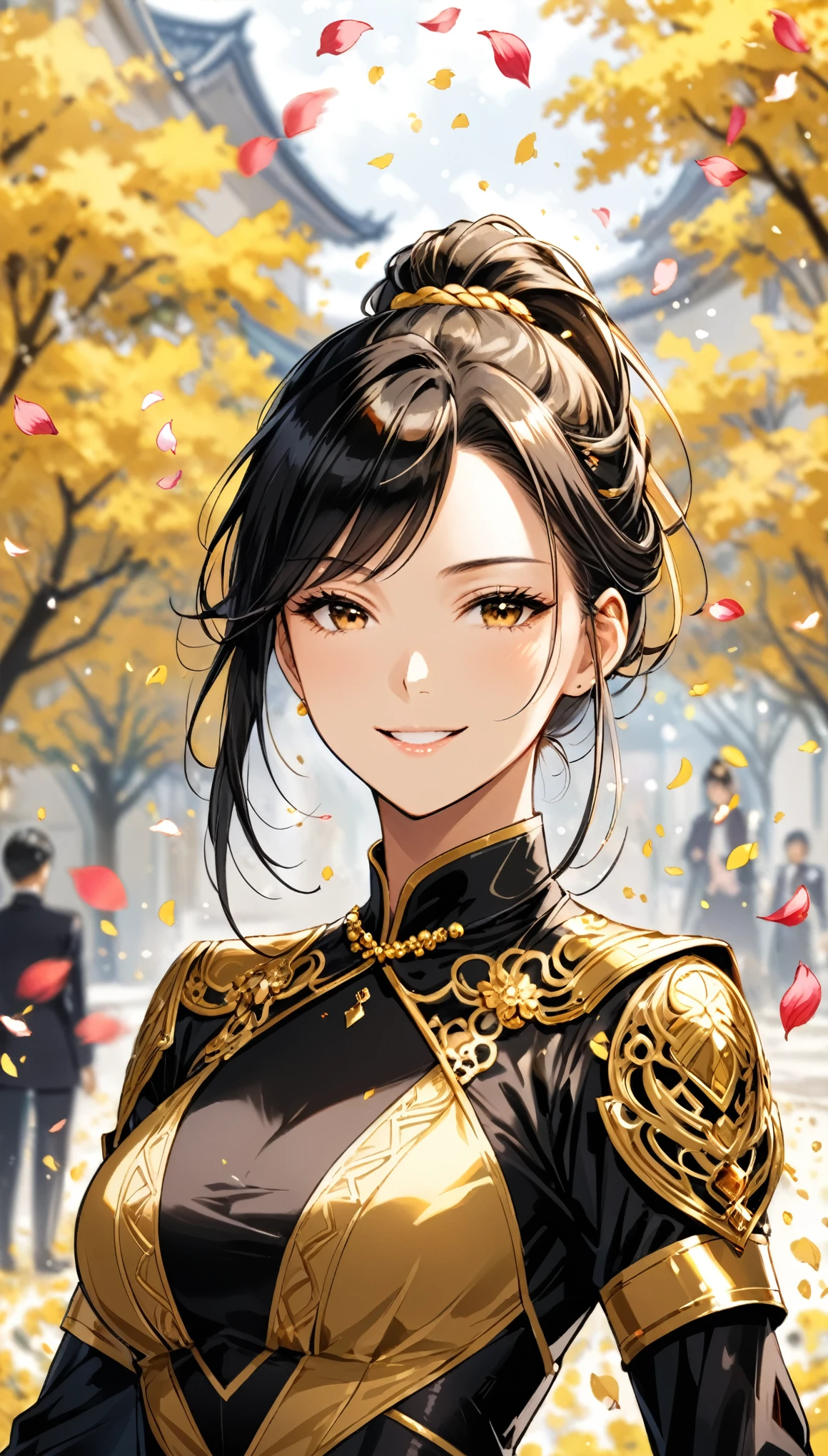 in style of Buichi Terasawa
character concept design,1girl,half body,high ponytail braid,falling petals,(foreground blur, depth of field, background blur, dynamic blur:1.4),arrogant posture,crazy_smile,extreme kotona elegance,extremely gorgeous,black-gold costume