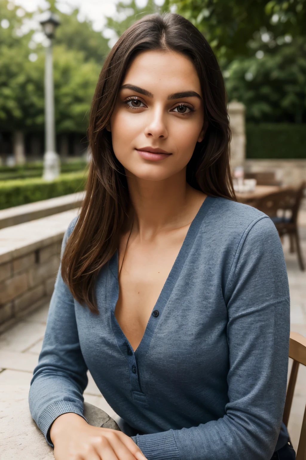 close-up of S229_Veronika Raj,a pretty woman,in an (patio:1.1),wear one (Henley à manches longues:1.1),(queue de cheval:1.1),(8k, photo brute, best quality, depth of field, ultra haute résolution:1.1),(absurdists, complexe, Photorealistic, head of'artwork, ultra-detailed:1.2),