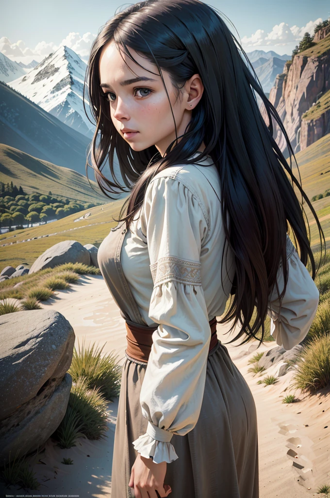 (masterpiece, best quality:1.3) 
RDRAbigail, 1girl, solo, 35 years, long hair, realistic, full shot , mountain trail, midday, clear and crisp light illuminating the landscape magazine, press, photo, steve mccurry, insanely detailed and intricate