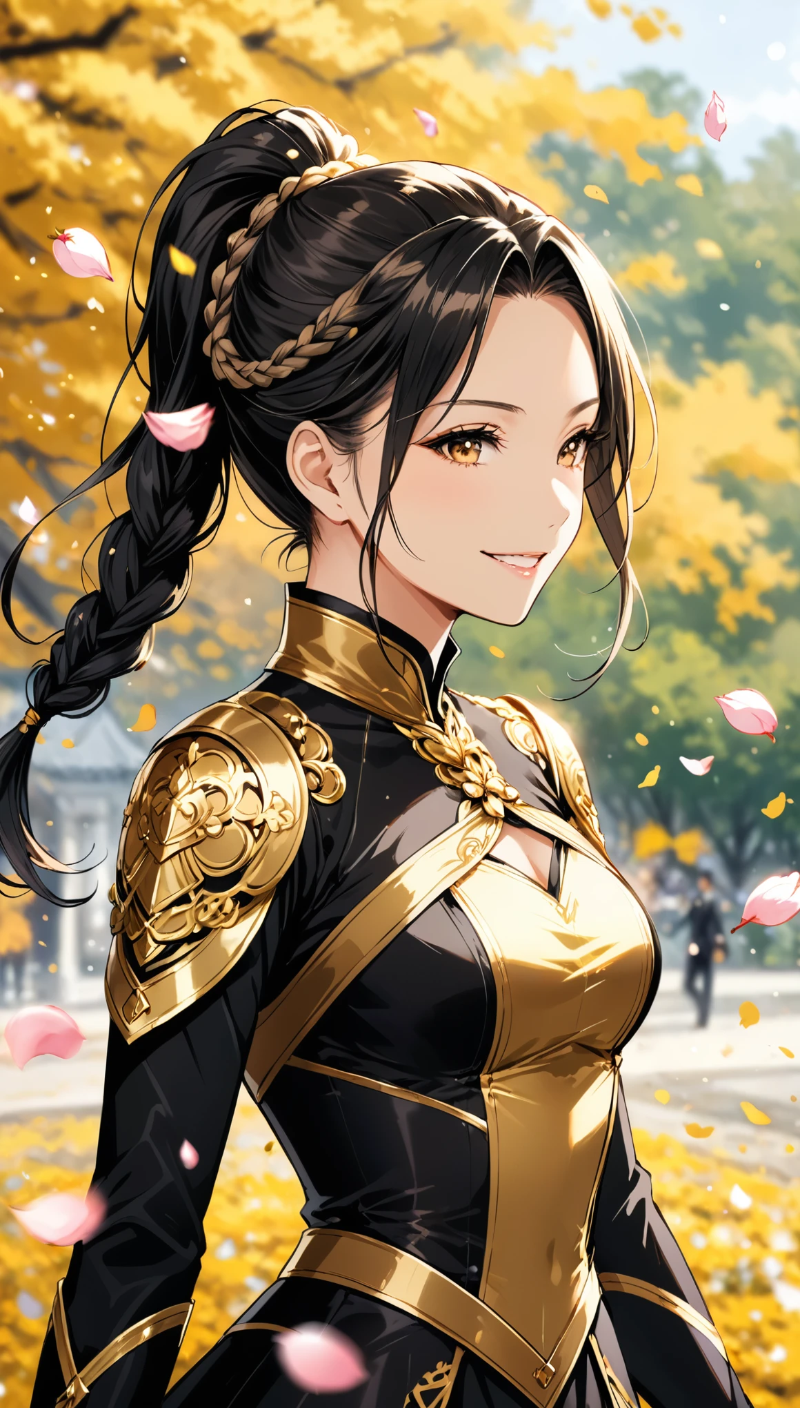 in style of Buichi Terasawa
character concept design,1girl,half body,high ponytail braid,falling petals,(foreground blur, depth of field, background blur, dynamic blur:1.4),arrogant posture,crazy_smile,extreme kotona elegance,extremely gorgeous,black-gold costume