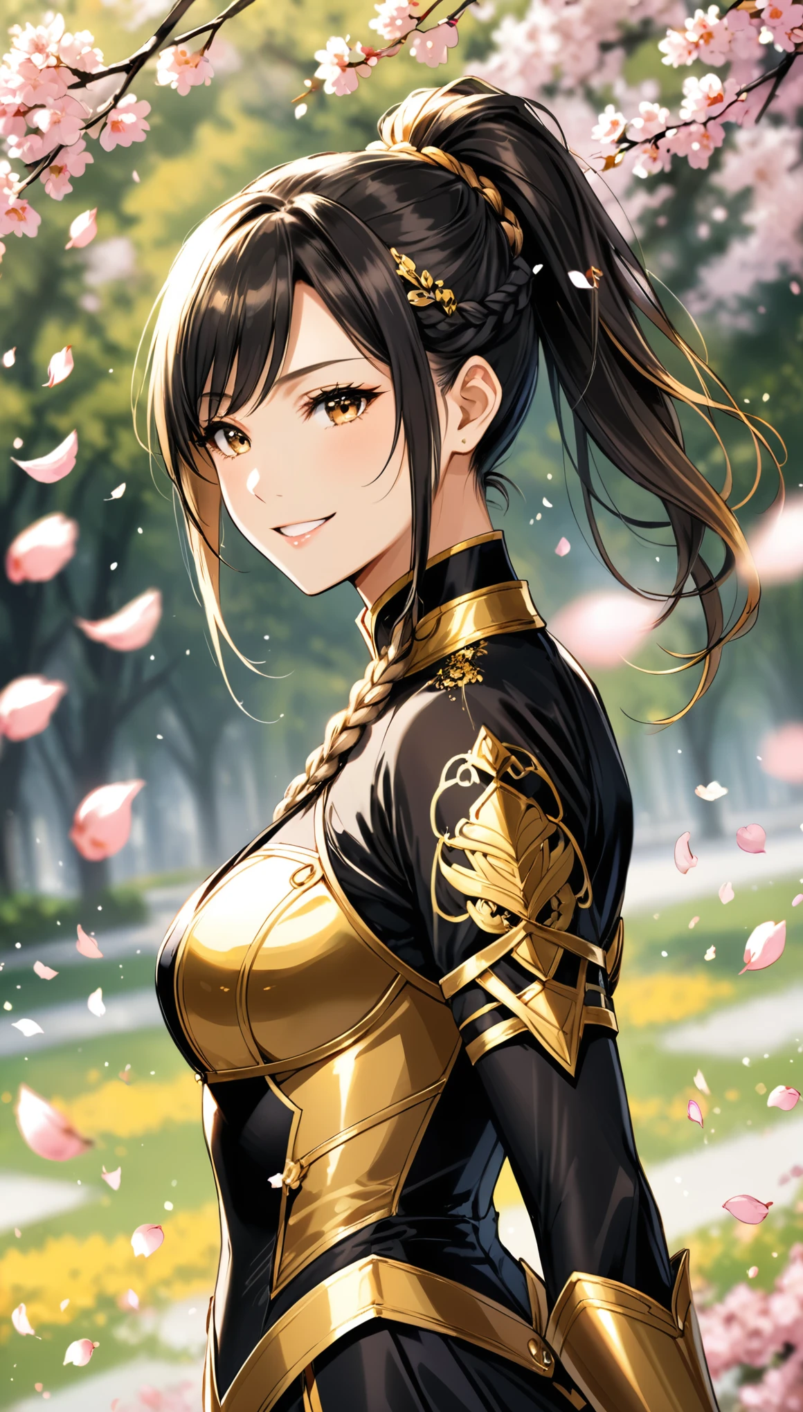 in style of Buichi Terasawa
character concept design,1girl,half body,high ponytail braid,falling petals,(foreground blur, depth of field, background blur, dynamic blur:1.4),arrogant posture,crazy_smile,extreme kotona elegance,extremely gorgeous,black-gold costume