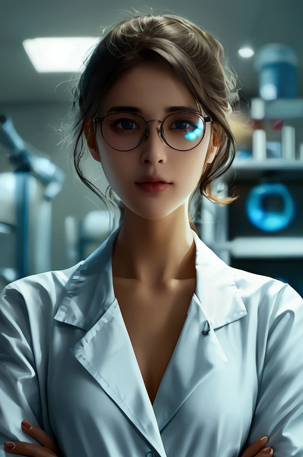 Girl in Laboratory, Turtle-neck, lab coat, showing navel, belt, Exposing the abdomen below the navel, well-dressed, glasses, blue jean, laboratory