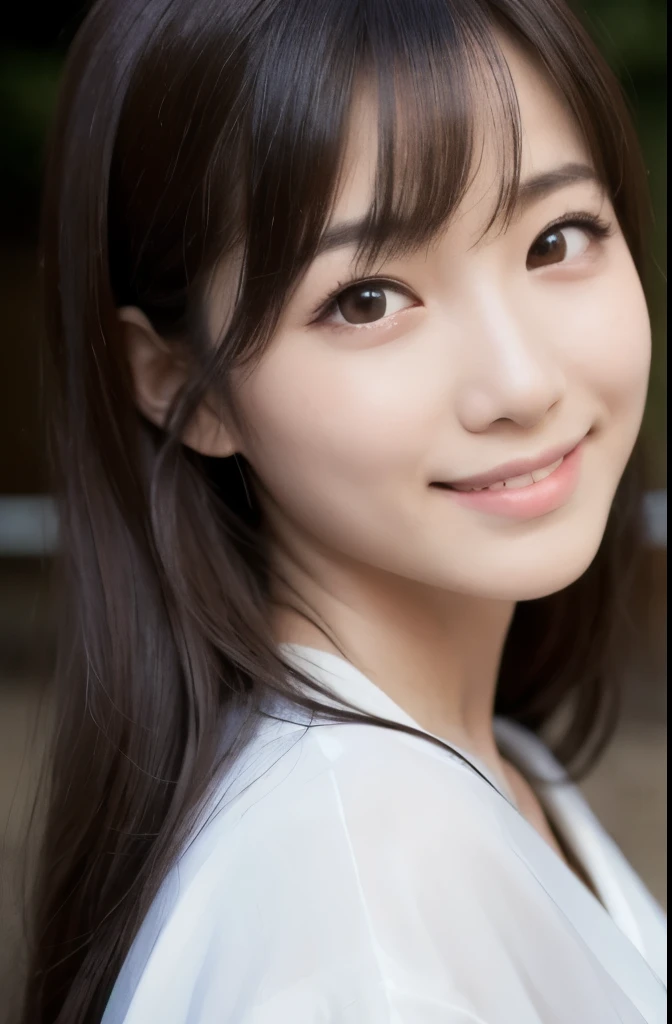 best quality, face focus, soft light, ultra high res, (photorealistic:1.4), RAW photo,(Shinozaki Ai), white skin, kawaii,
1 Japanese girl, solo, cute, (smile), (pupil, lights in the eyes), detailed beautiful face, Medium-sized breasts,(high resolution detail of human skin texture),(long hair),(portrait), upper body, white traditional kimono, no make