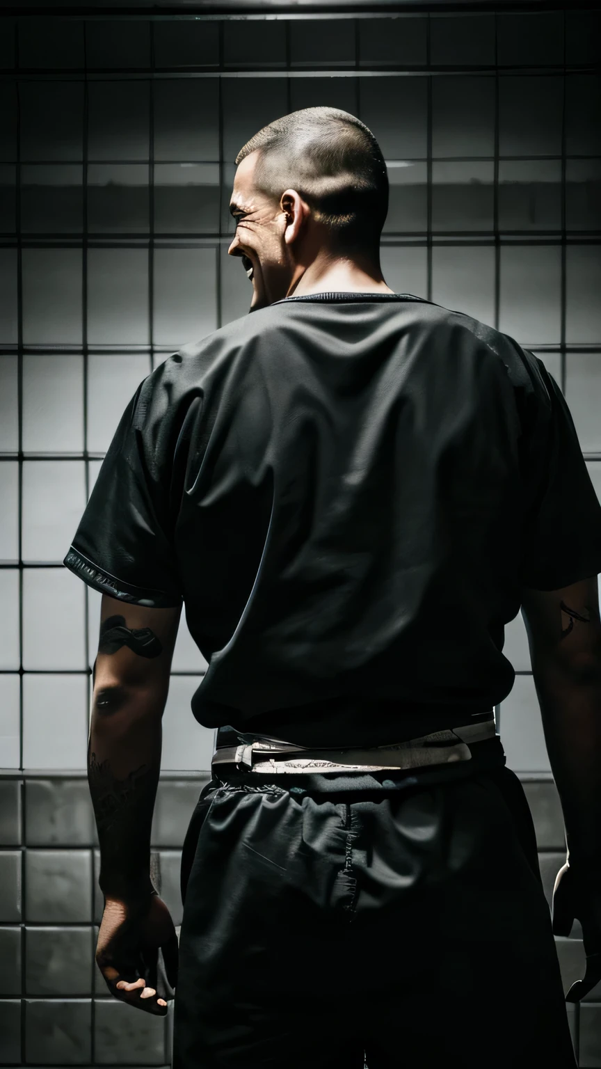 arrested man, face marked with scars, hoeme smiling, very happy prisoner, looking at the viewer of the photo from behind the cell bars, Full-body image, de frente para o observador, wearing a prison uniform, work of art, High definition image, high contrast image, impactful, cinematic image, dark image.