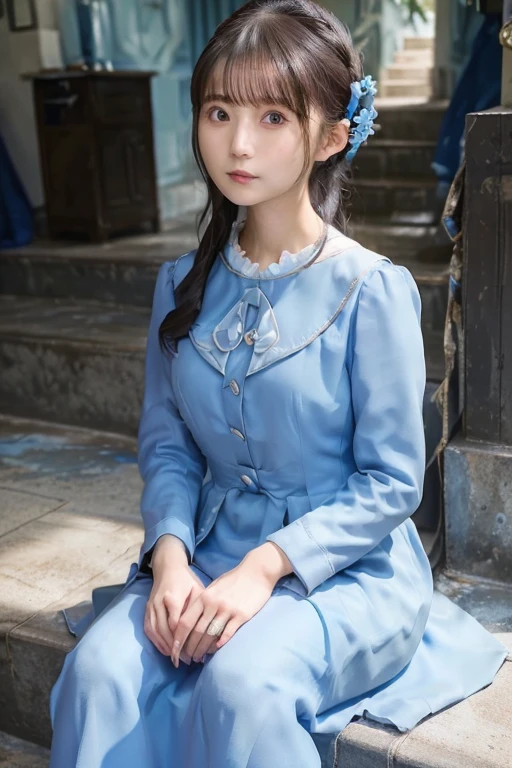 Close-up of a person in a blue dress sitting on the stairs, Marble sculpture, Realistic painting, Empty mountain base, Fan Bingbing, Wearing a light blue suit, Li Bingbing, Jinnah Chan, Korean Audrey Hepburn Automata