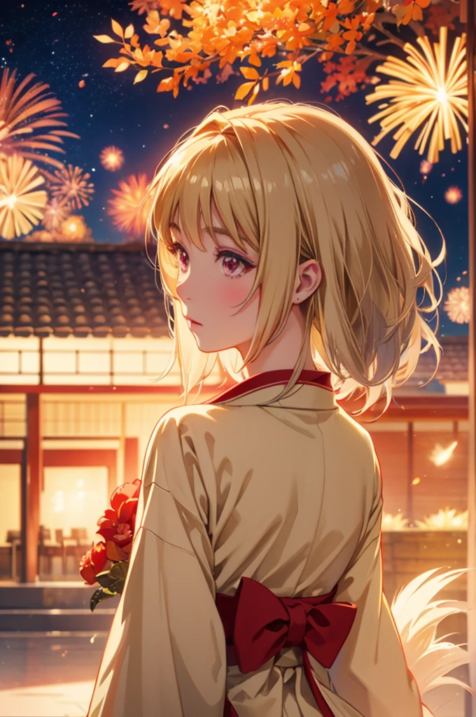 Kikyou kushida kimono firework night (beige colored hair), tailed haired, red eyes colour