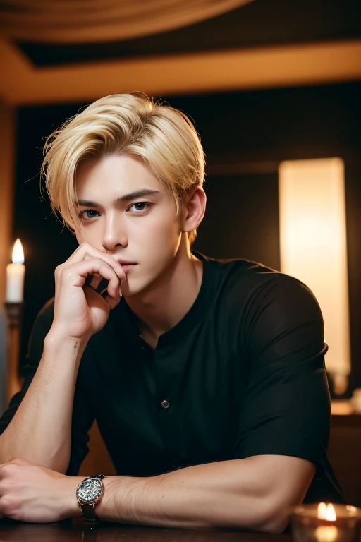 Highest quality，Handsome man，Blonde，Short Hair，Brown eyes，Fair skin，Narrow chin，Black Shirt，The second button is open，Thin eyebrows，Dark room，Slightly wet eyes，A slightly sad look，holding a wine glass filled with wine，Heavy black table，There are candles on the table