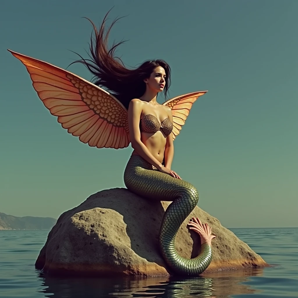 photo, stunner beauty, big boobs, winged mermaid, unified mermaid tail, sitting on a rock