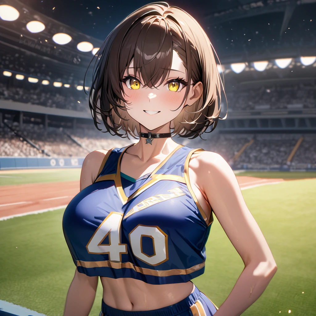 A woman wearing a white cheerleader uniform with yellow details, big breasts, smiling, brown hair, short hair, yellow eyes, on the stadium field, at night, lighting in place, standing, Azur_lane, USS_baltimore., perfect face, perfect eyes.,UHD , prime work , accurate , anatomically correct , textured skin , super details , high quality , best quality, 8k, high resolution, bokeh effect. (woman alone)
