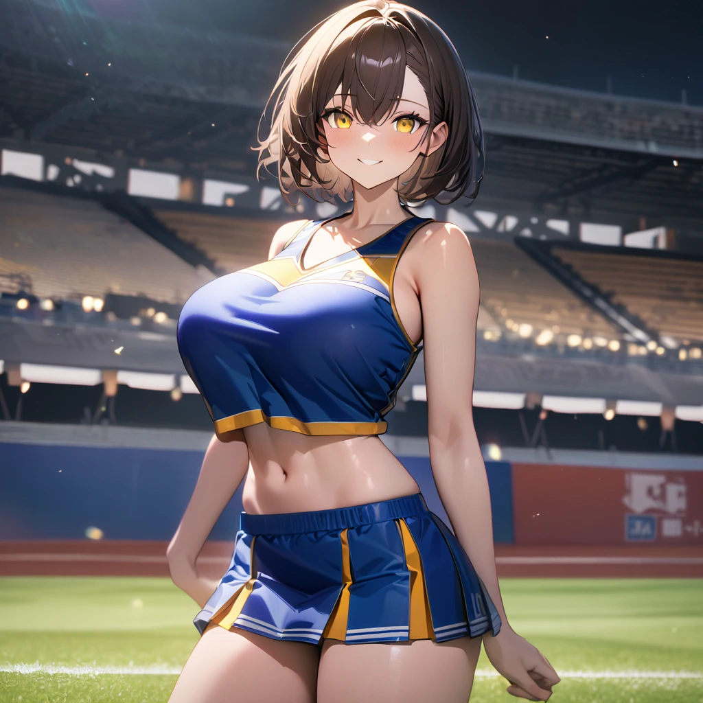 A woman wearing a white cheerleader uniform with yellow details, big breasts, smiling, brown hair, short hair, yellow eyes, on the stadium field, at night, lighting in place, standing, Azur_lane, USS_baltimore., perfect face, perfect eyes.,UHD , prime work , accurate , anatomically correct , textured skin , super details , high quality , best quality, 8k, high resolution, bokeh effect. (woman alone)
