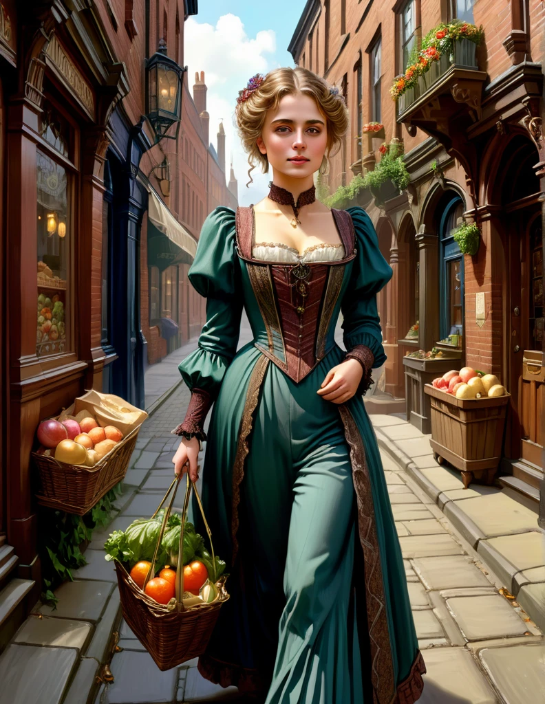 cinematic portrait of Maude Adams donning a Victorian dress walks at sub urban Victorian Manchester city sidewalk with handful of groceries, wears casual modest Victorian outfit, Medieval Building, Medieval Alley, sensuous smirk, intricate, frugal, highly detailed, intricate, digital painting, artstation, concept art, smooth, sharp focus, hyper photorealistic illustration, art by Don Lawrence and Frank Bellamy and alphonse mucha, 32k,