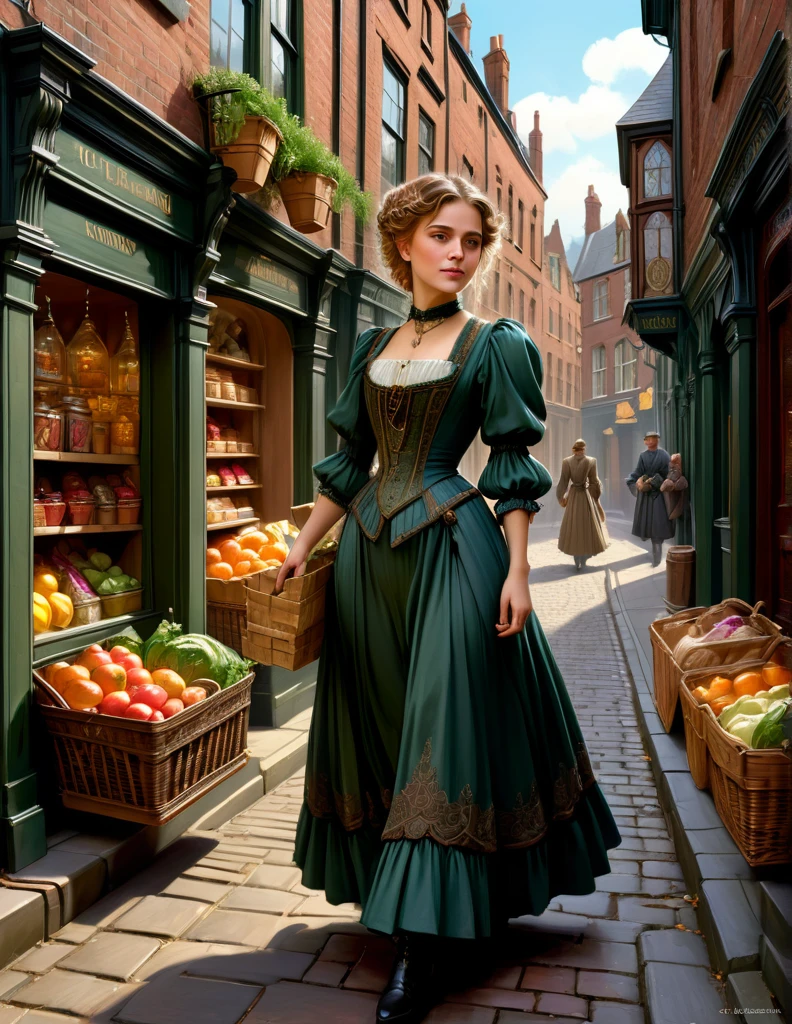 cinematic portrait of Maude Adams donning a Victorian dress walks at sub urban Victorian Manchester city sidewalk with handful of groceries, wears casual modest Victorian outfit, Medieval Building, Medieval Alley, sensuous smirk, intricate, frugal, highly detailed, intricate, digital painting, artstation, concept art, smooth, sharp focus, hyper photorealistic illustration, art by Don Lawrence and Frank Bellamy and alphonse mucha, 32k,
