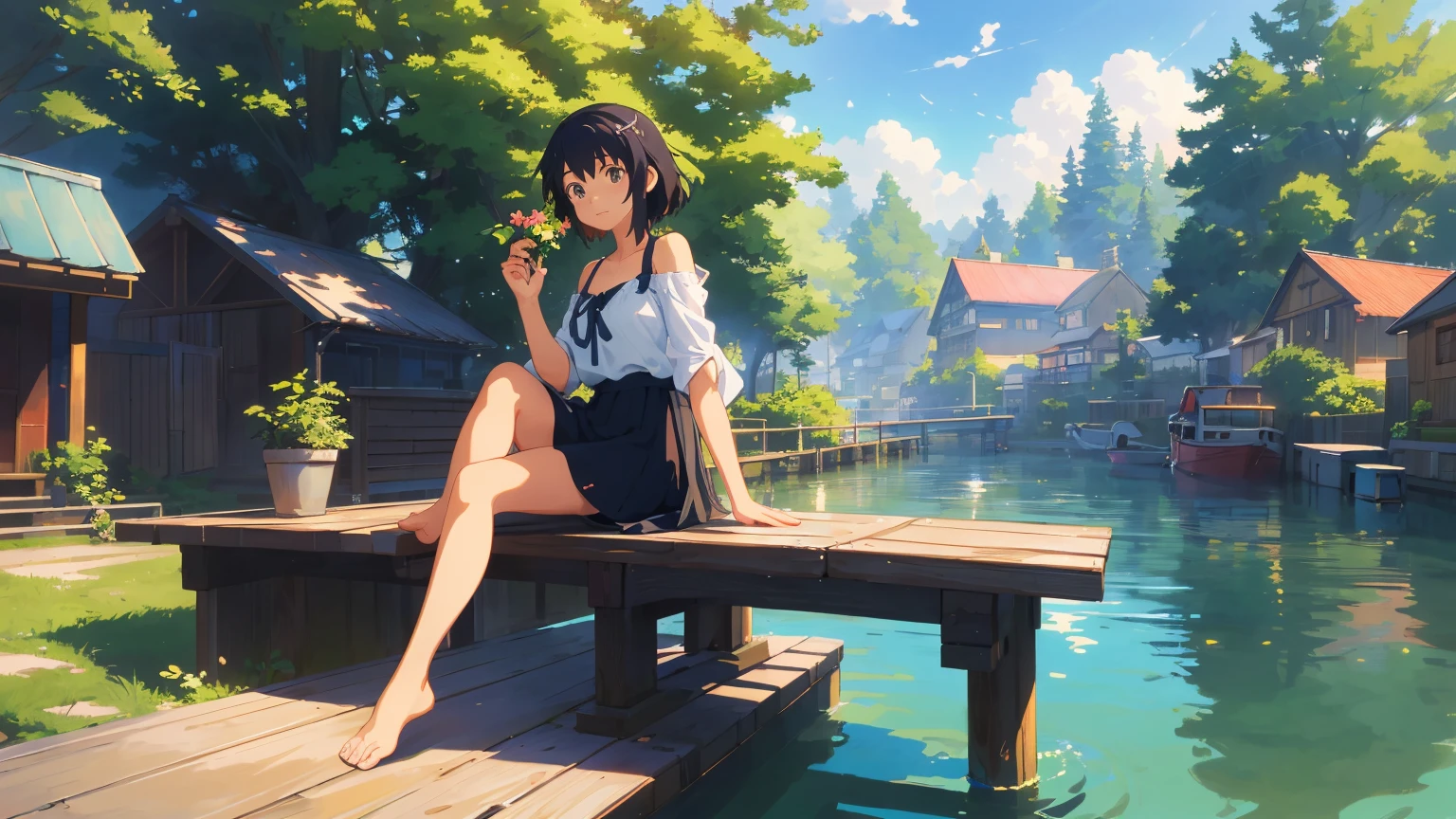 masterpiece、high resolution 8k、NSFW、sharp focus,anime girl sitting on a dock with a potted plant in her hand, artwork in the style of guweiz, lofi girl, lofi artstyle, relaxing concept art, makoto shinkai cyril rolando, lofi art, summer afternoon, anime girl walking on water, cute detailed digital art, sitting on a wooden dock, beautiful digital artwork