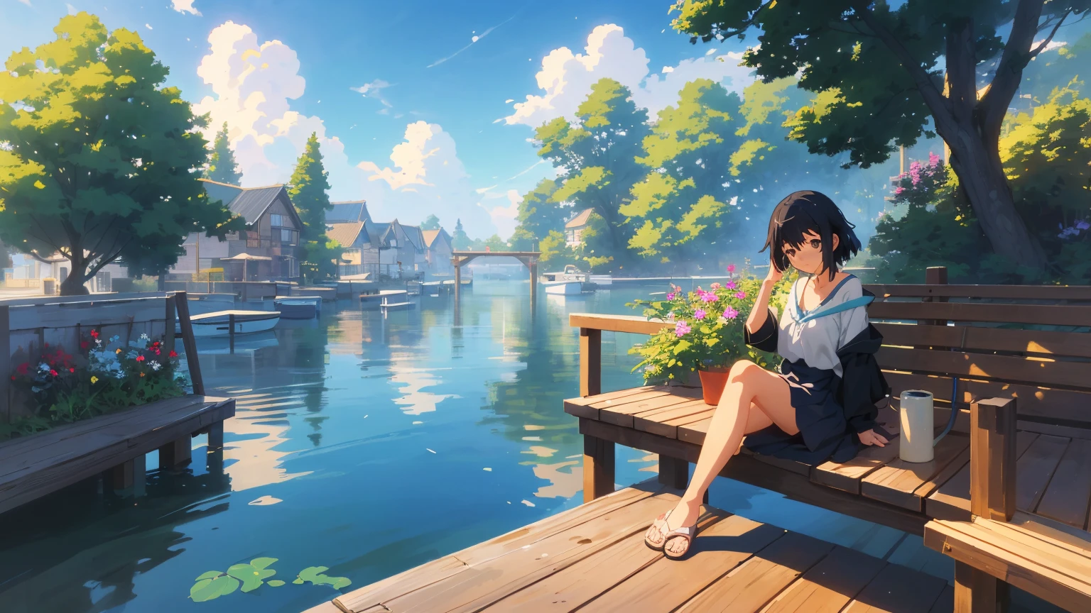 masterpiece、high resolution 8k、NSFW、sharp focus,anime girl sitting on a dock with a potted plant in her hand, artwork in the style of guweiz, lofi girl, lofi artstyle, relaxing concept art, makoto shinkai cyril rolando, lofi art, summer afternoon, anime girl walking on water, cute detailed digital art, sitting on a wooden dock, beautiful digital artwork