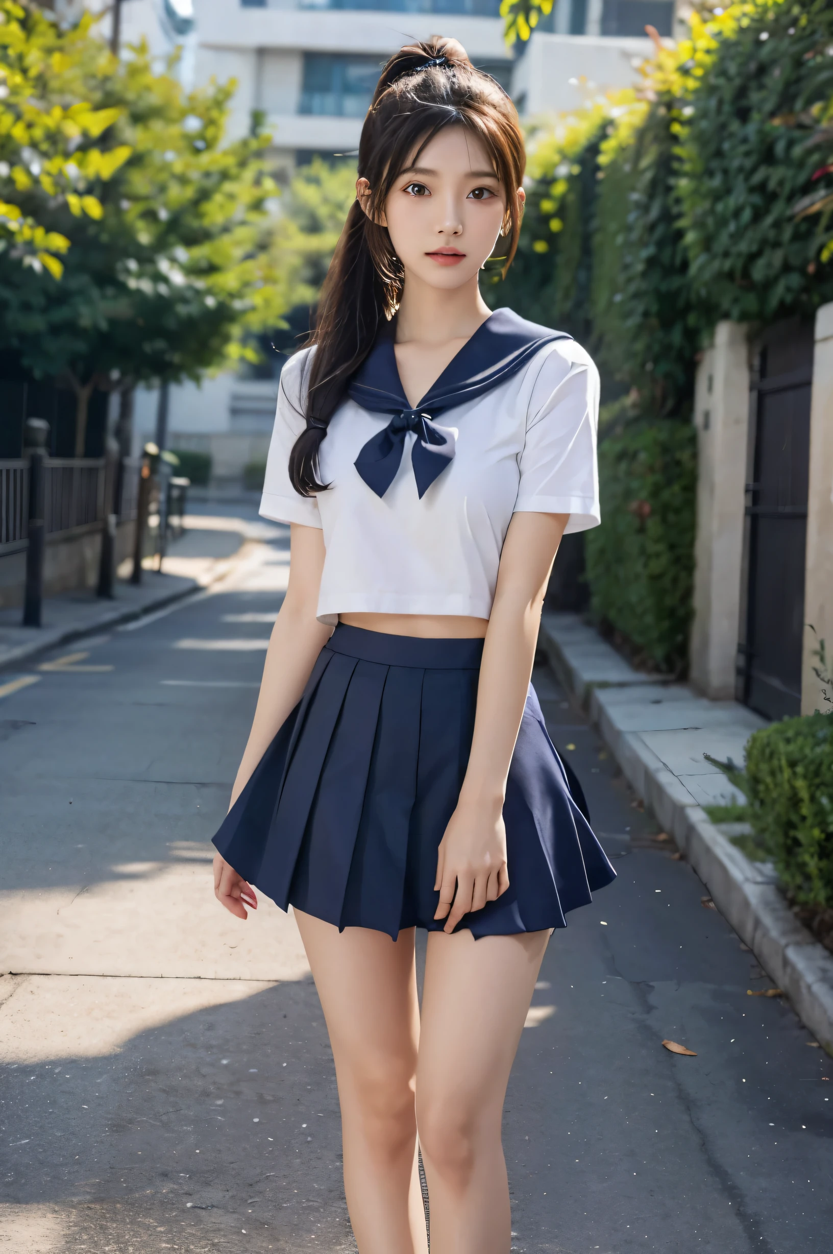 (Ultra HD), (Short-sleeved sailor uniform, Length:0.8, Navy blue mini skirt), Big Breasts, slender, Narrow waist, whole body, Standing posture, (Clean and shiny skin, Whitening, No makeup), (Super slim face, Super beautiful face), (ponytail, Layered Cut, Fluffy hair), (double eyelid, Slanted Eyes), Small Nose, Thin lips, Thin legs, In front of the school gate, evening