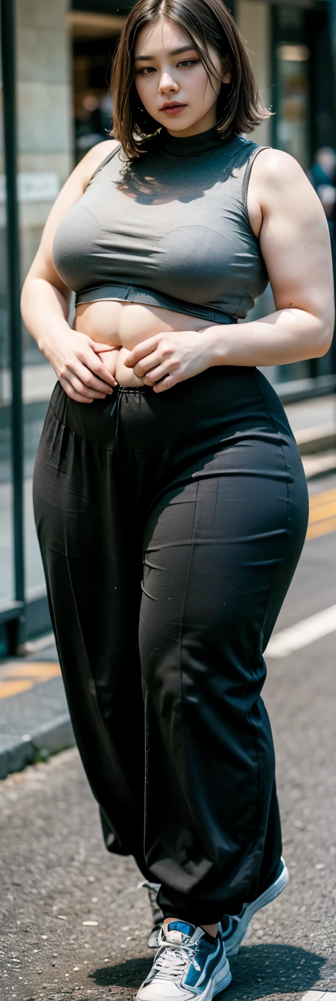 ((best quality)), ((masterpiece)), (detailed), malay woman, perfect face, araffe woman in a dark-black gamis walking down a street, thicc, she has a jiggly fat round belly, bbwchan, wearing tight simple clothes, skinny waist and thick hips, widest hips, her belly is fat and round, soft curvy shape, hyperrealistic full figure, wearing gamis , wide hips, sneakers