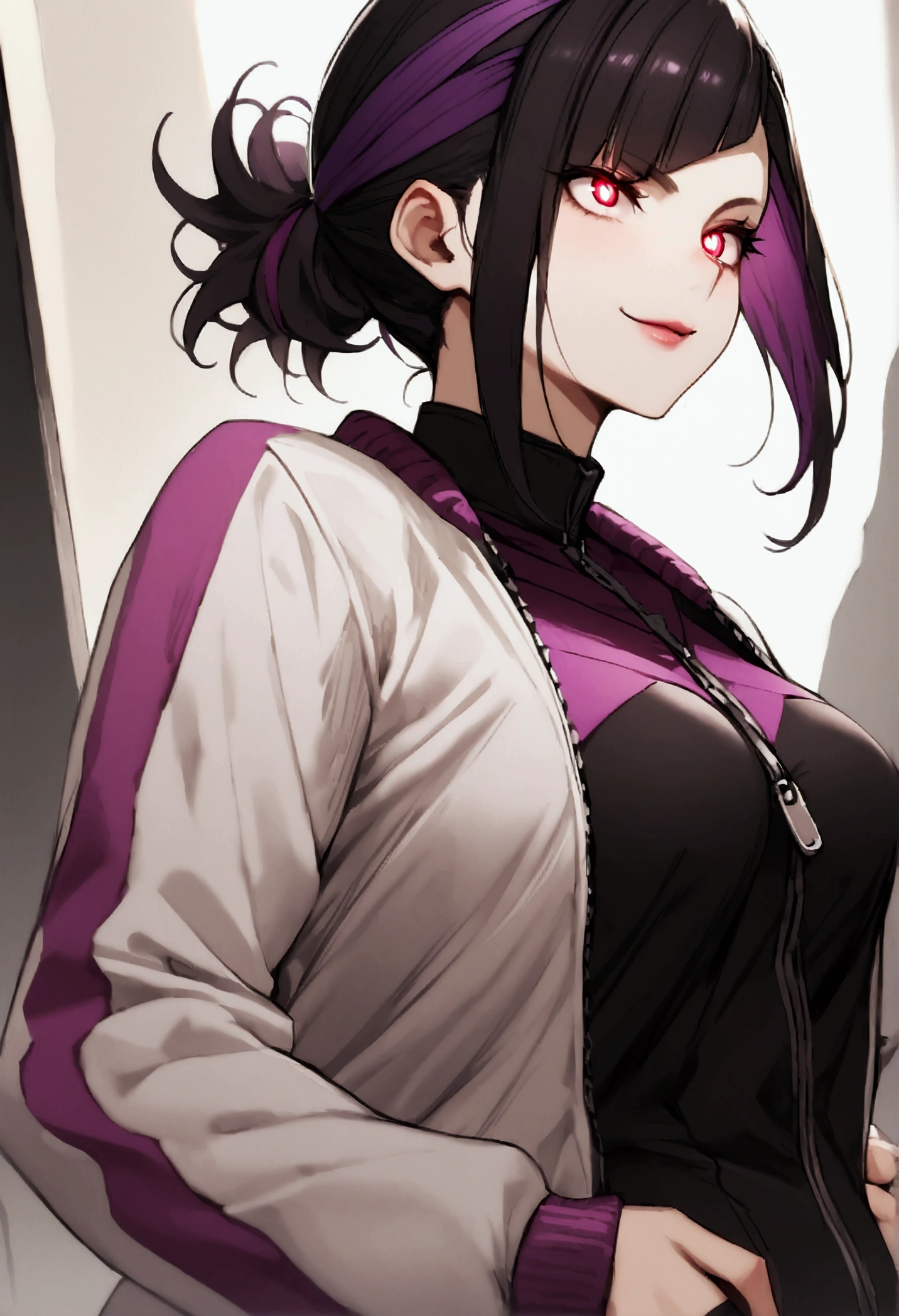 beautiful young fitness woman with , in a gym wearing May with black pantyhose, tight white and purple gym jacket. standing alone,red eyes glowing,Evil smile,legging preto ,labiaa,dark eye shadow,shining eyes,hands in pockets,neckleace,jacket zipper half open,Tight black shirt,shorth hair com detalhes roxo,beautiful curves,close up,hair with purple details,labiaa,detailed face and eyes,work of art,shorth hair