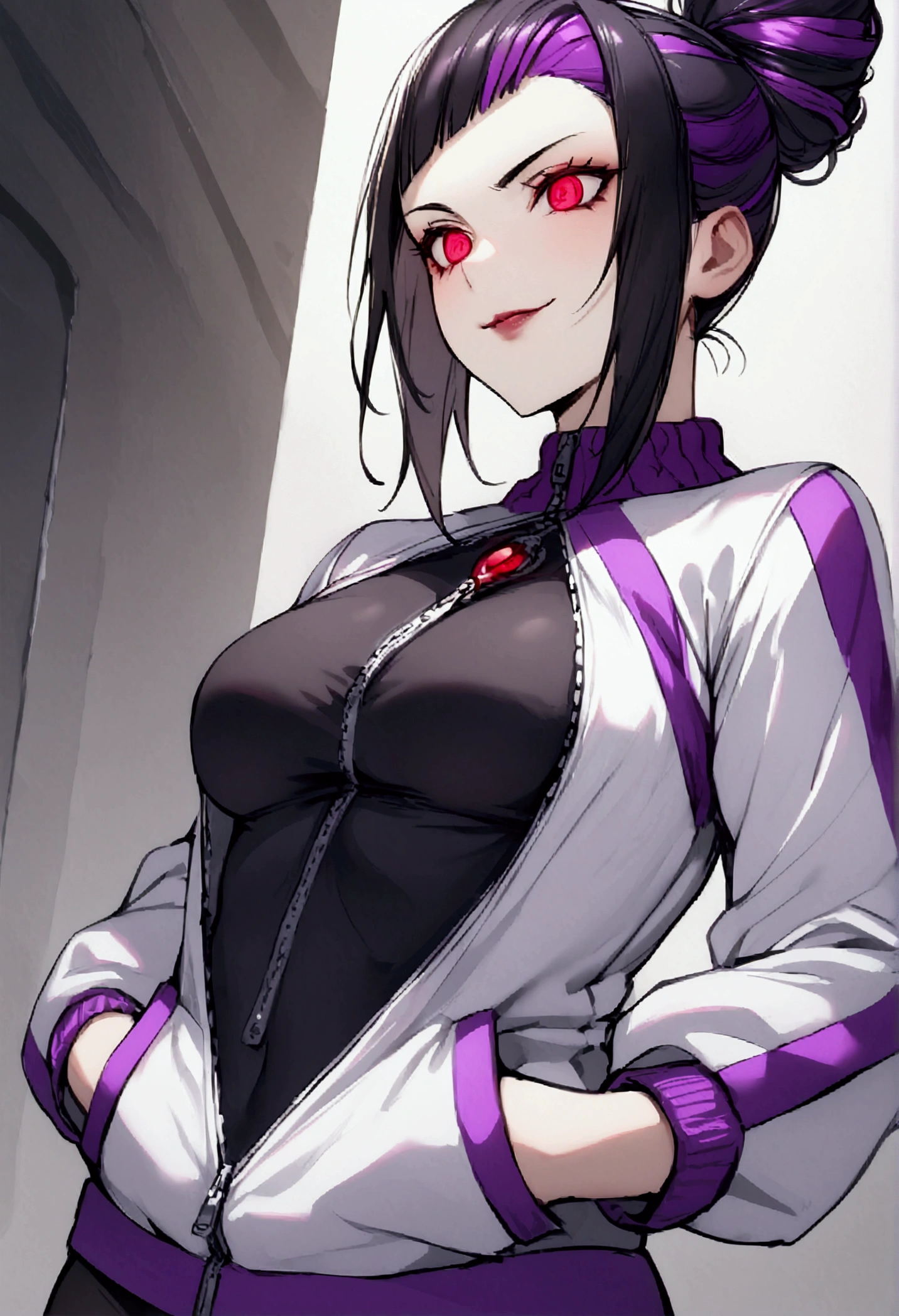 beautiful young fitness woman with , in a gym wearing May with black pantyhose, tight white and purple gym jacket. standing alone,red eyes glowing,Evil smile,legging preto ,labiaa,dark eye shadow,shining eyes,hands in pockets,neckleace,jacket zipper half open,Tight black shirt,shorth hair com detalhes roxo,beautiful curves,close up,hair with purple details,labiaa,detailed face and eyes,work of art,shorth hair