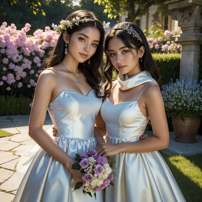 (​masterpiece, best quality:1.5), highest quality, High resolution, super detailed, Realists, Upper body photo of an 18-year-old black-haired flower girl, detailed and beautiful eyes, beautiful detailed lips, very detailed eyes and face, longeyelashes, 18-year-old woman in a short dress made of shiny satin fabric, Beautiful and colorful makeup, elegant and noble々Pose,shiny satin headband, grind, Holding flowers, Gardens as background, soft daylight, bright colors, fine brushstrokes, Portrait style, Noble details in the dress fabric, beautiful color palette, glowing skin, First-class rendering, that captures every detail, enchanting atmosphere, subtle shadows and lights, (perfect anatomy:1.2), (The two stunning 18-year-old flower girls wear rings on scarves (magnificent panorama view:1.2)