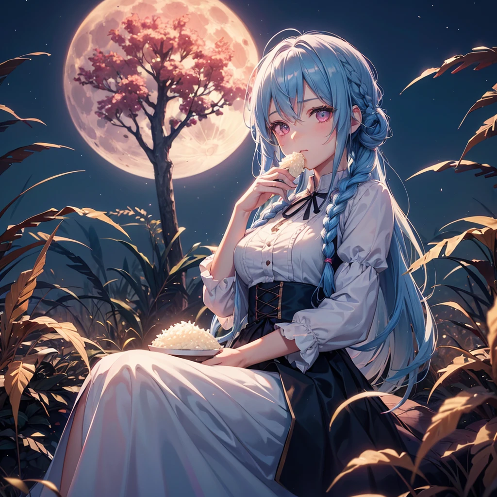 Sky blue hair, (Braided medium hair), (Pink eyes),Fair skin)  ,(whole body),(One Girl),(harvest moon),(A large amount of Miscanthus sinensis in the background),(full moon),(masterpiece, Highest quality, Very detailed, Best Shadow), (Detailed Background), (Beautifully detailed face), High Contrast, (Best lighting, Very delicate and beautiful), ((Cinematic Light)), Hyper Detail,8k, Dramatic Light, Intricate details,(sitting down to eat rice dumplings)